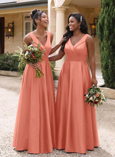 A-Line V-Neck Sleeveless Floor-Length Satin Bridesmaid Dresses