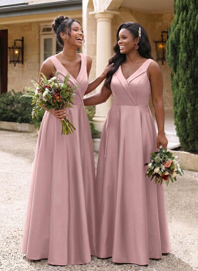 A-Line V-Neck Sleeveless Floor-Length Satin Bridesmaid Dresses