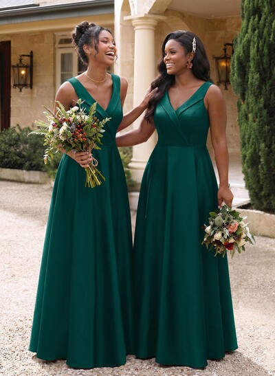 A-Line V-Neck Sleeveless Floor-Length Satin Bridesmaid Dresses