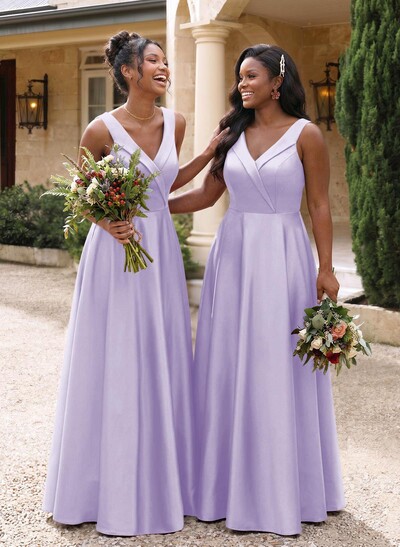 A-Line V-Neck Sleeveless Floor-Length Satin Bridesmaid Dresses