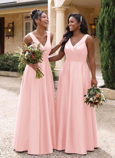 A-Line V-Neck Sleeveless Floor-Length Satin Bridesmaid Dresses