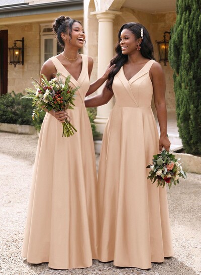 A-Line V-Neck Sleeveless Floor-Length Satin Bridesmaid Dresses