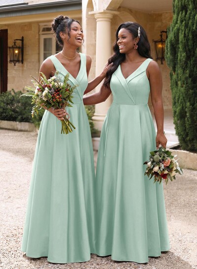 A-Line V-Neck Sleeveless Floor-Length Satin Bridesmaid Dresses