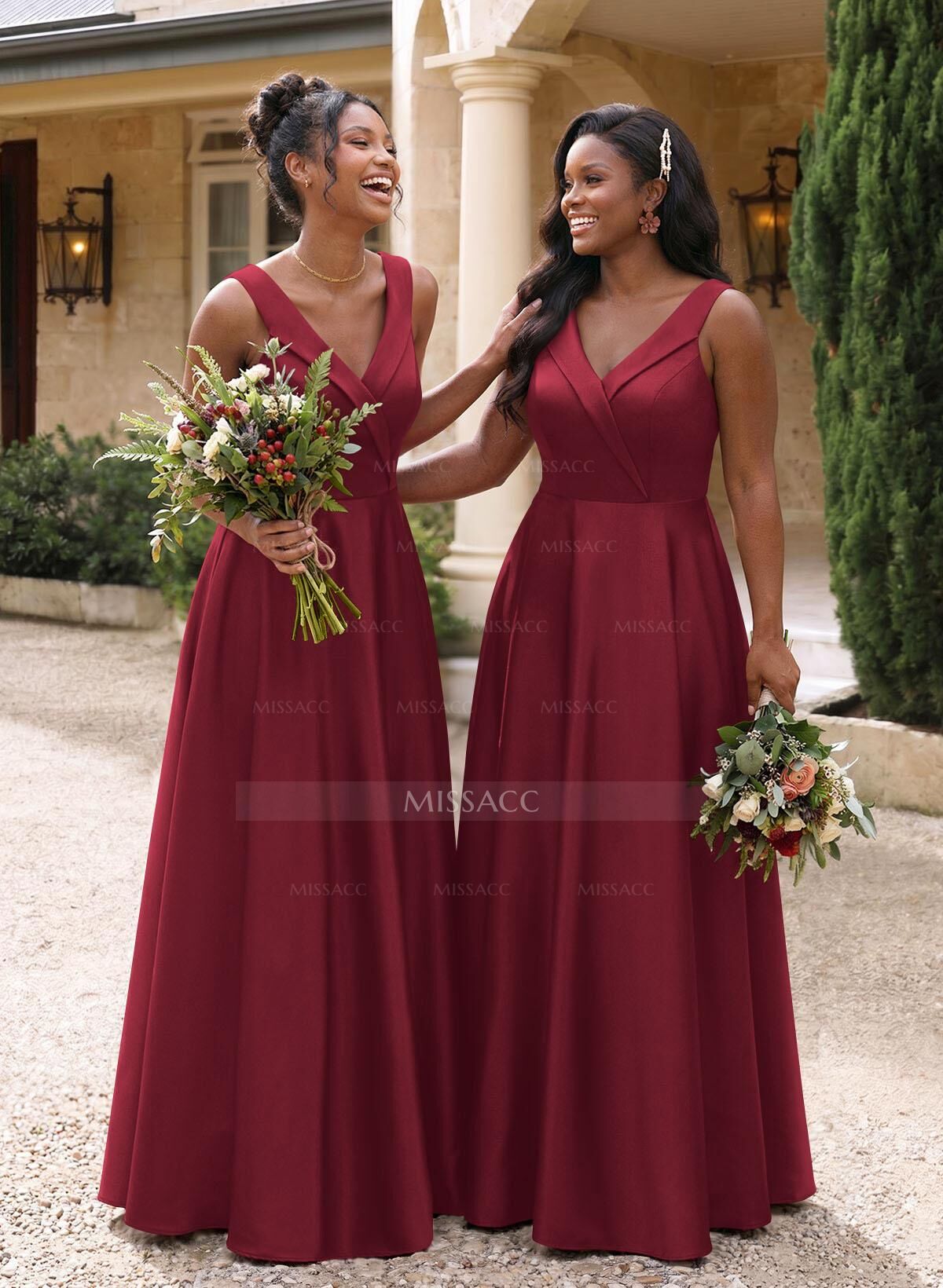 A-Line V-Neck Sleeveless Floor-Length Satin Bridesmaid Dresses
