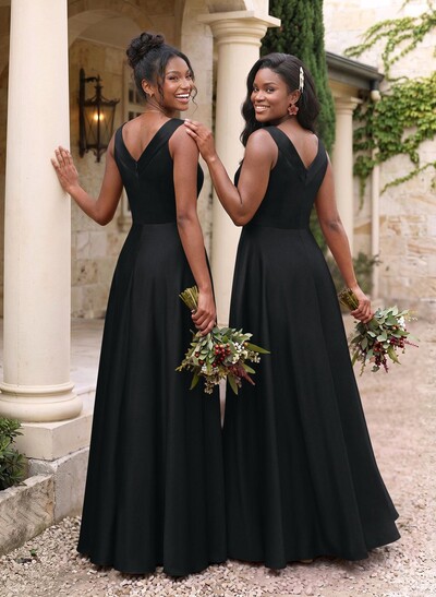 A-Line V-Neck Sleeveless Floor-Length Satin Bridesmaid Dresses