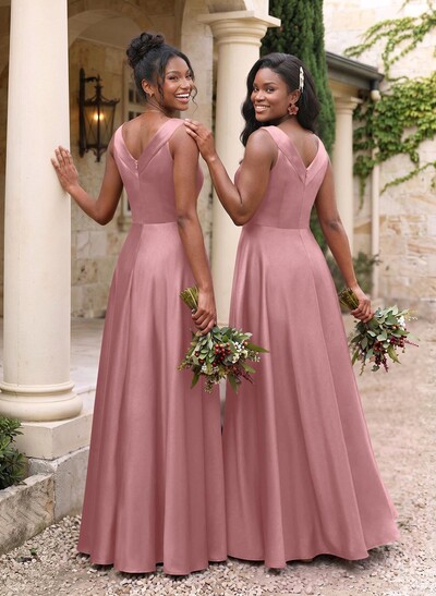 A-Line V-Neck Sleeveless Floor-Length Satin Bridesmaid Dresses