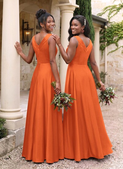 A-Line V-Neck Sleeveless Floor-Length Satin Bridesmaid Dresses
