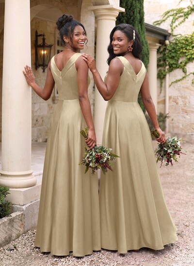 A-Line V-Neck Sleeveless Floor-Length Satin Bridesmaid Dresses