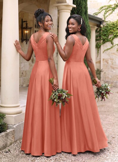 A-Line V-Neck Sleeveless Floor-Length Satin Bridesmaid Dresses