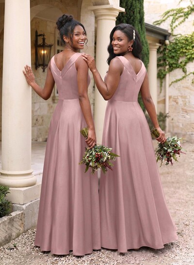 A-Line V-Neck Sleeveless Floor-Length Satin Bridesmaid Dresses