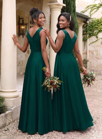 A-Line V-Neck Sleeveless Floor-Length Satin Bridesmaid Dresses