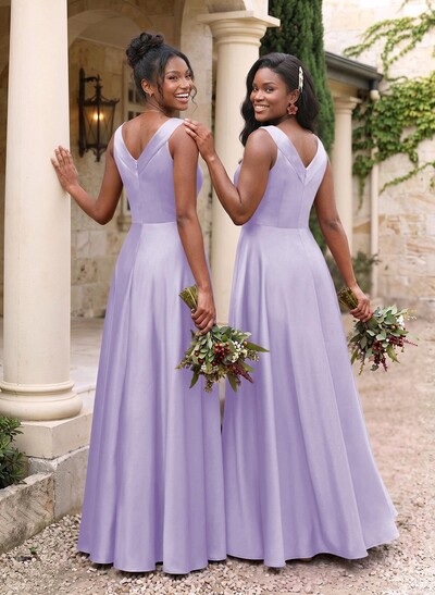 A-Line V-Neck Sleeveless Floor-Length Satin Bridesmaid Dresses