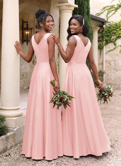 A-Line V-Neck Sleeveless Floor-Length Satin Bridesmaid Dresses