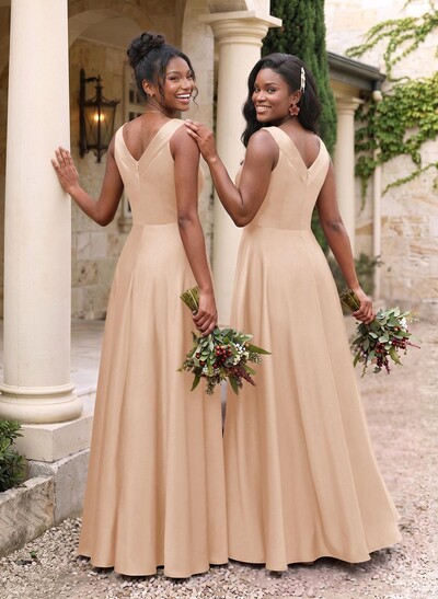 A-Line V-Neck Sleeveless Floor-Length Satin Bridesmaid Dresses