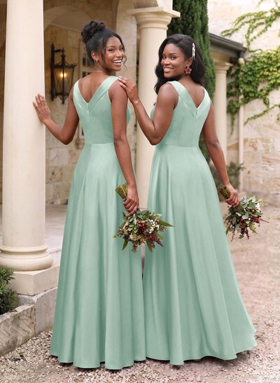 A-Line V-Neck Sleeveless Floor-Length Satin Bridesmaid Dresses