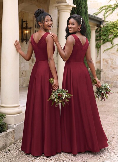 A-Line V-Neck Sleeveless Floor-Length Satin Bridesmaid Dresses