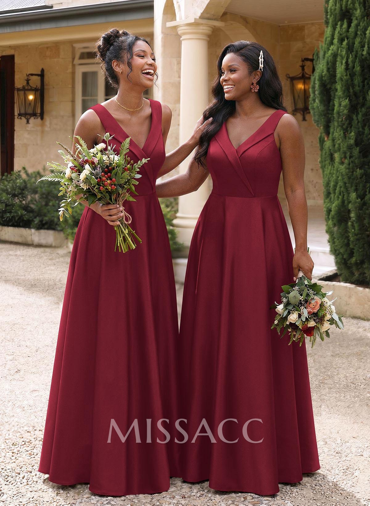 A-Line V-Neck Sleeveless Floor-Length Satin Bridesmaid Dresses A-Line V-Neck Sleeveless Floor-Length Satin Bridesmaid Dresses