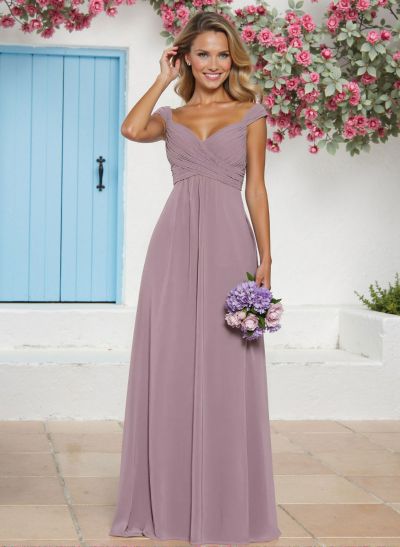 A-Line V-Neck Sleeveless Floor-Length Chiffon Bridesmaid Dresses