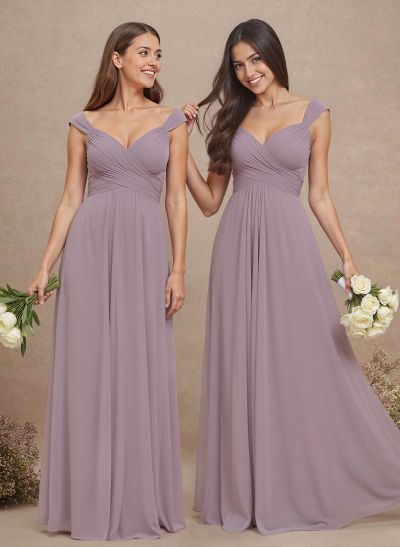 A-Line V-Neck Sleeveless Floor-Length Chiffon Bridesmaid Dresses