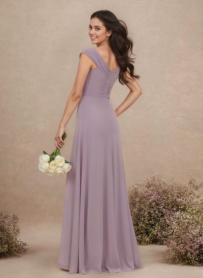 A-Line V-Neck Sleeveless Floor-Length Chiffon Bridesmaid Dresses