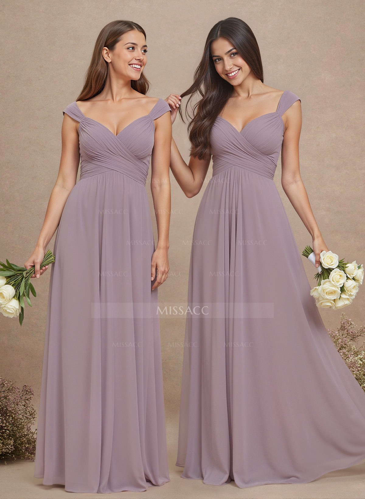 A-Line V-Neck Sleeveless Floor-Length Chiffon Bridesmaid Dresses