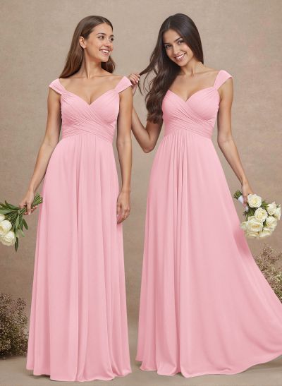 A-Line V-Neck Sleeveless Floor-Length Chiffon Bridesmaid Dresses