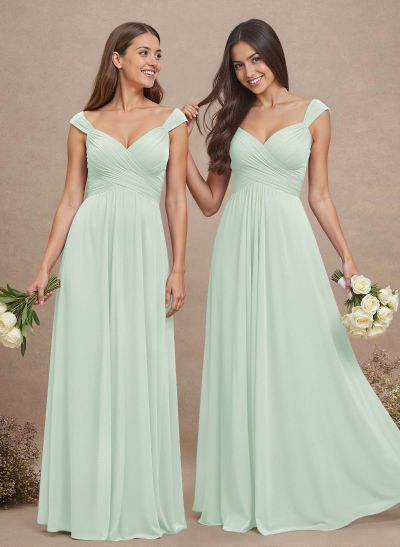 A-Line V-Neck Sleeveless Floor-Length Chiffon Bridesmaid Dresses
