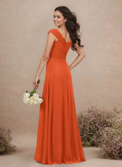 A-Line V-Neck Sleeveless Floor-Length Chiffon Bridesmaid Dresses