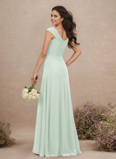 A-Line V-Neck Sleeveless Floor-Length Chiffon Bridesmaid Dresses