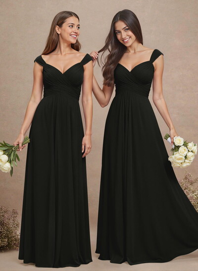 A-Line V-Neck Sleeveless Floor-Length Chiffon Bridesmaid Dresses