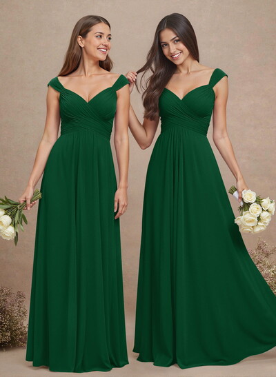 A-Line V-Neck Sleeveless Floor-Length Chiffon Bridesmaid Dresses