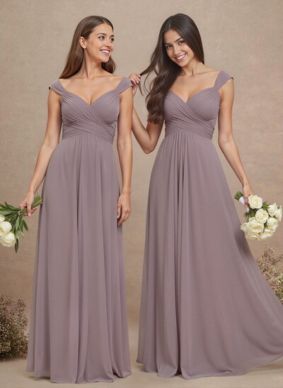 A-Line V-Neck Sleeveless Floor-Length Chiffon Bridesmaid Dresses