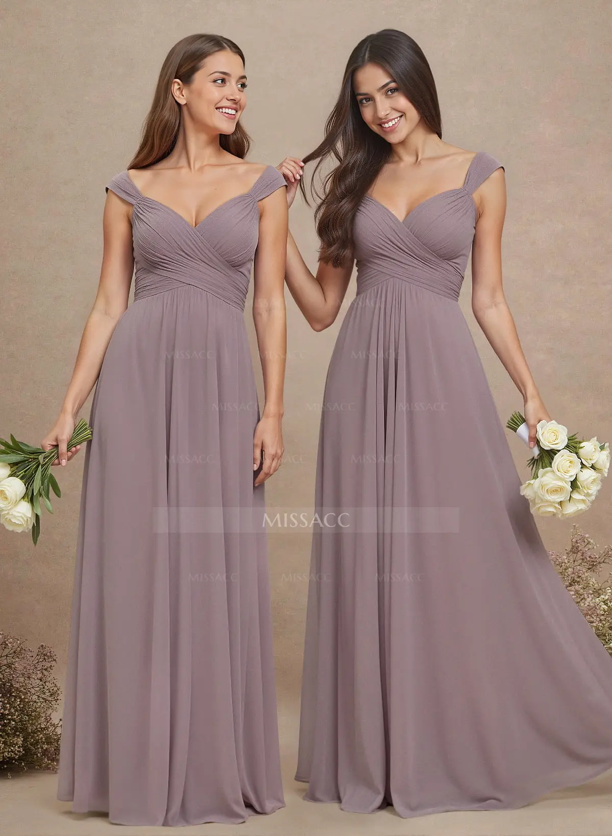 a-line v-neck floor-length chiffon bridesmaid dress V-neck Chiffon Bridesmaid Dress with A-Line Sleeves main image 1