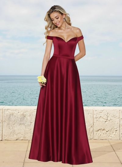 A-Line Off-The-Shoulder Sleeveless Floor-Length Satin Bridesmaid Dresses