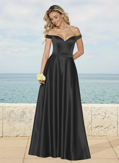 A-Line Off-The-Shoulder Sleeveless Floor-Length Satin Bridesmaid Dresses