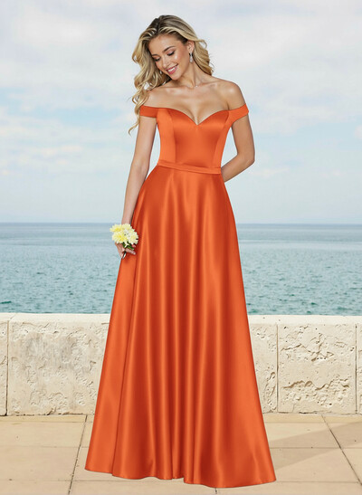 A-Line Off-The-Shoulder Sleeveless Floor-Length Satin Bridesmaid Dresses
