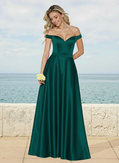 A-Line Off-The-Shoulder Sleeveless Floor-Length Satin Bridesmaid Dresses