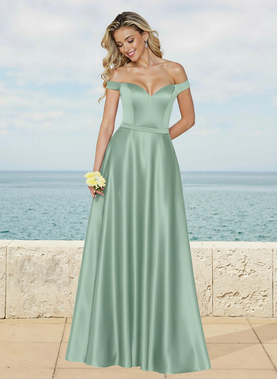 A-Line Off-The-Shoulder Sleeveless Floor-Length Satin Bridesmaid Dresses