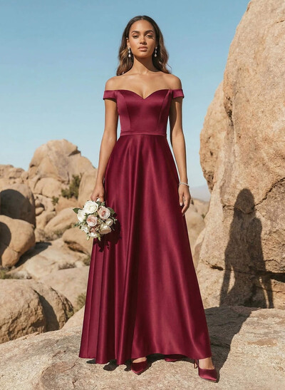 A-Line Off-The-Shoulder Sleeveless Floor-Length Satin Bridesmaid Dresses