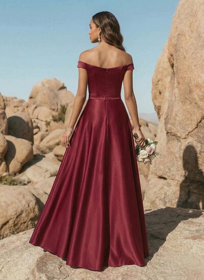A-Line Off-The-Shoulder Sleeveless Floor-Length Satin Bridesmaid Dresses