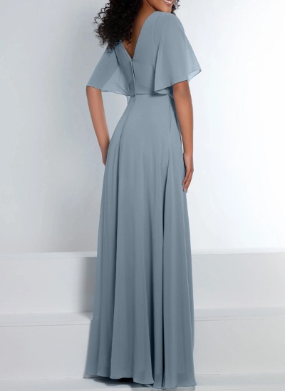 A-Line V-Neck 1/2 Sleeves Chiffon Bridesmaid Dresses With High Split
