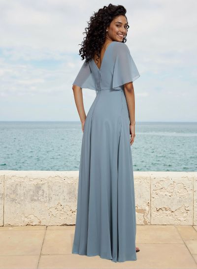 A-Line V-Neck 1/2 Sleeves Chiffon Bridesmaid Dresses With High Split