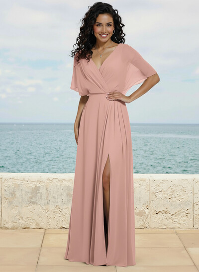 A-Line V-Neck 1/2 Sleeves Chiffon Bridesmaid Dresses With High Split
