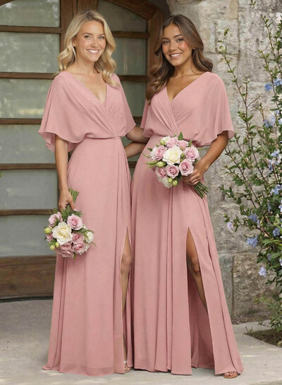 A-Line V-Neck 1/2 Sleeves Chiffon Bridesmaid Dresses With High Split