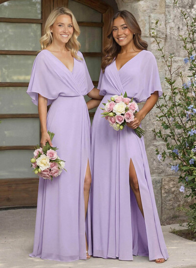 A-Line V-Neck 1/2 Sleeves Chiffon Bridesmaid Dresses With High Split