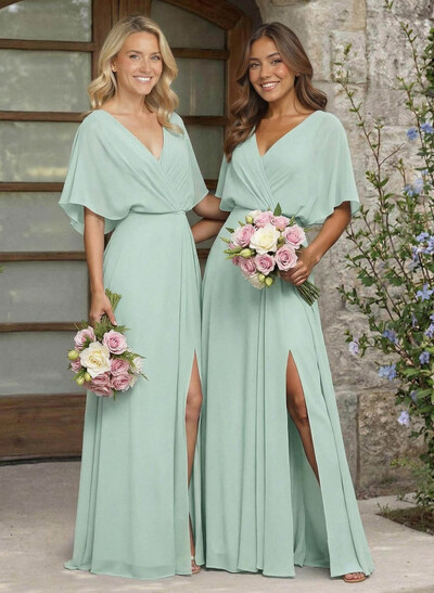 A-Line V-Neck 1/2 Sleeves Chiffon Bridesmaid Dresses With High Split