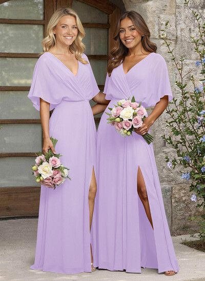 A-Line V-Neck 1/2 Sleeves Chiffon Bridesmaid Dresses With High Split