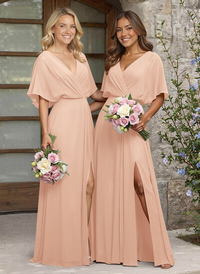 A-Line V-Neck 1/2 Sleeves Chiffon Bridesmaid Dresses With High Split