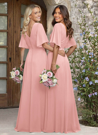 A-Line V-Neck 1/2 Sleeves Chiffon Bridesmaid Dresses With High Split