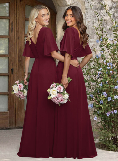 A-Line V-Neck 1/2 Sleeves Chiffon Bridesmaid Dresses With High Split
